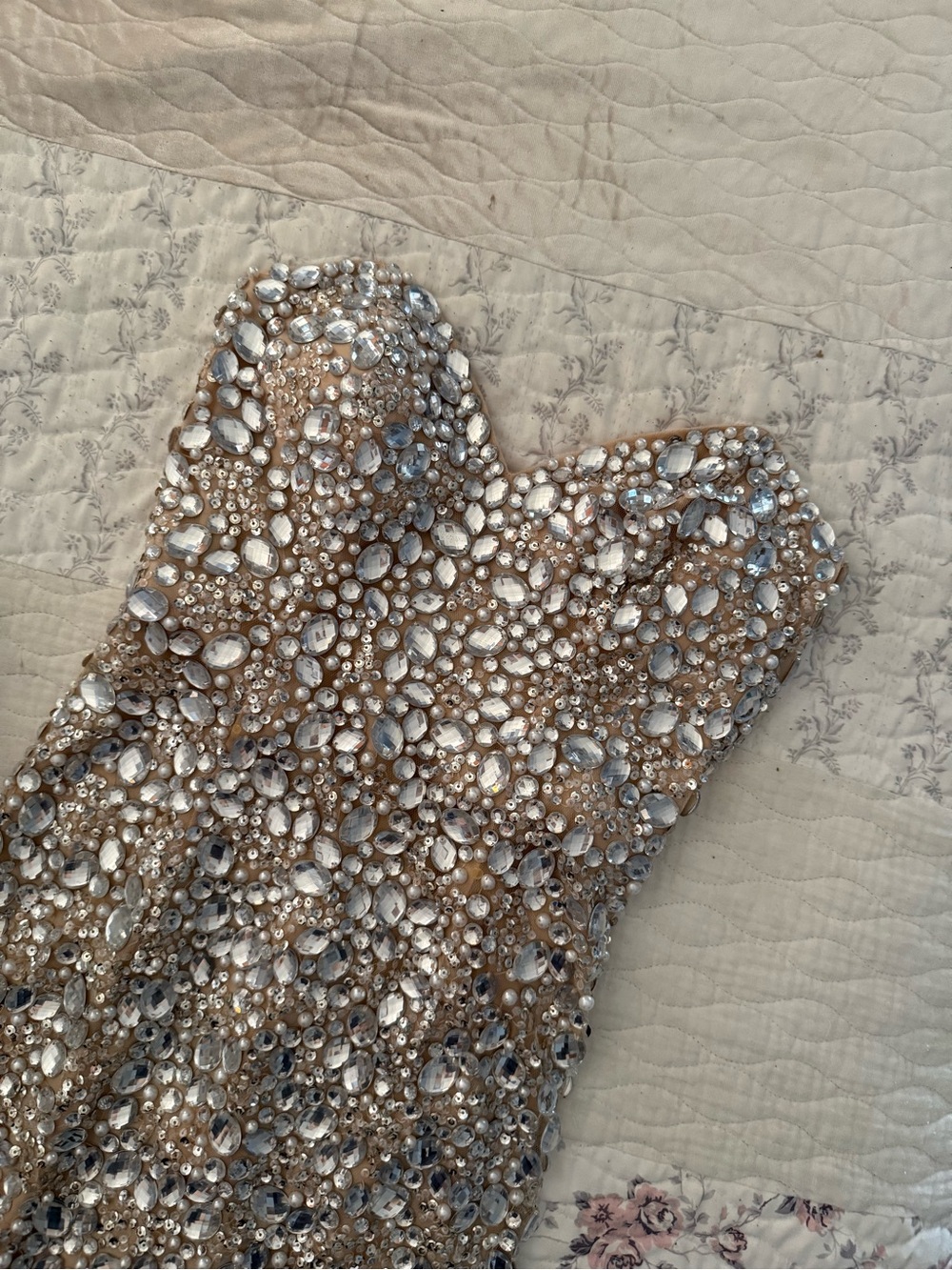 Jovani Embellished Strapless Rhinestone Mini Gown in Champagne